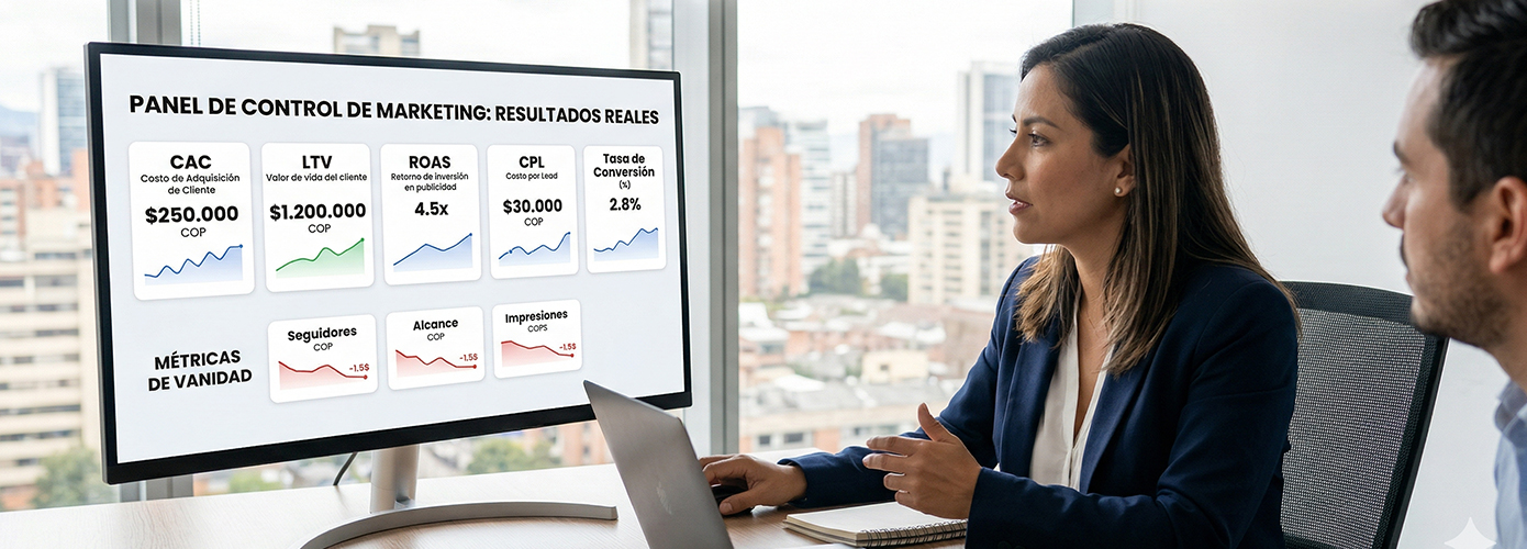 Infografía de las 5 métricas de marketing digital que toda agencia debe reportar: CAC, LTV, ROAS, CPL y tasa de conversión